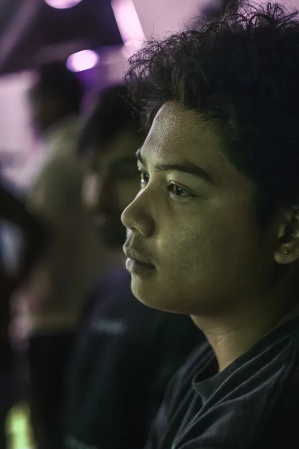 Bts mv crew member young man side profile green purple light
